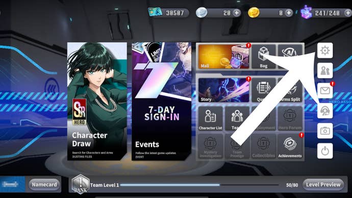 Arrow pointing at the button players need to press to access the settings screen in One Punch Man World.