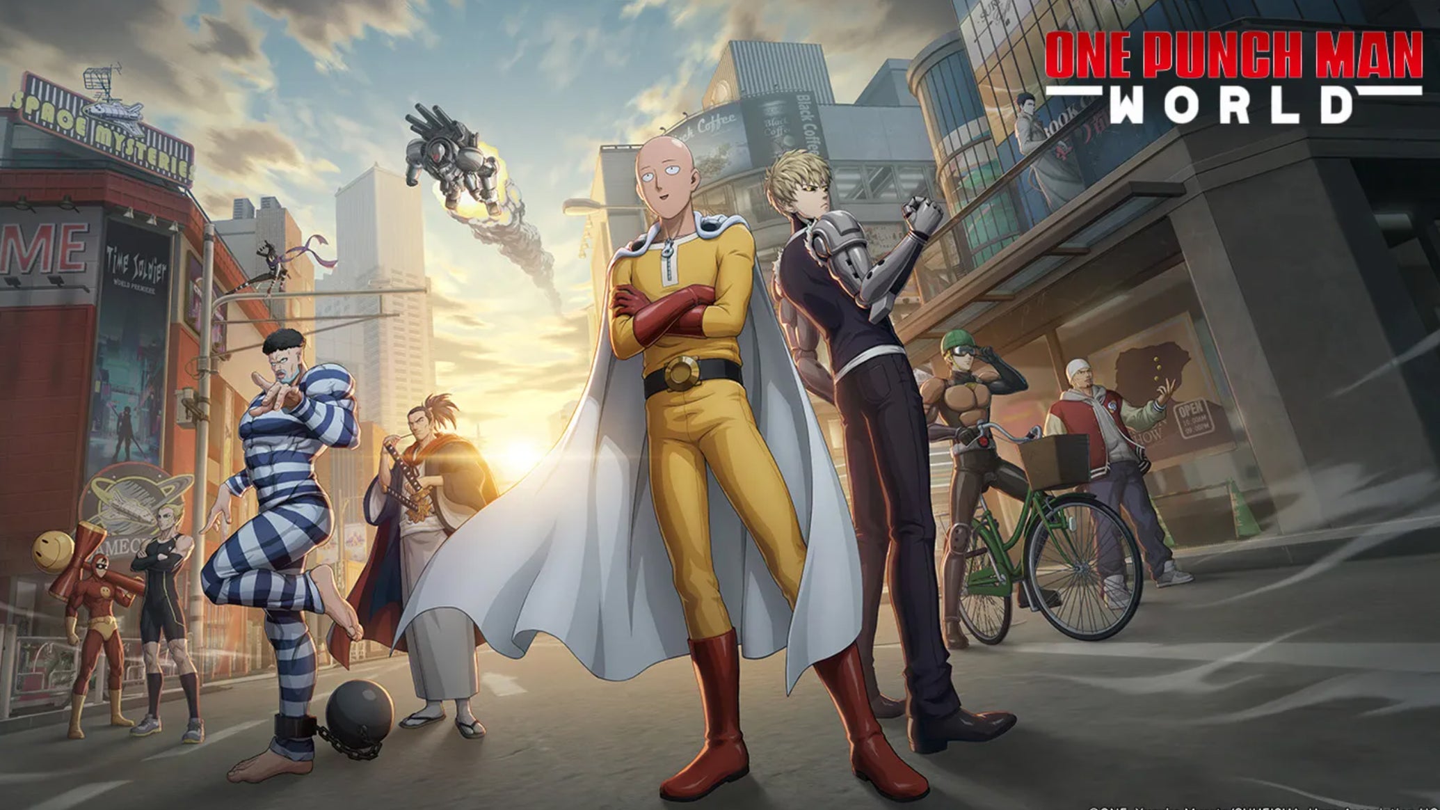 Anime artwork for the mobile game One Punch World showing a selection of characters including the protagonist Saitama. - 1