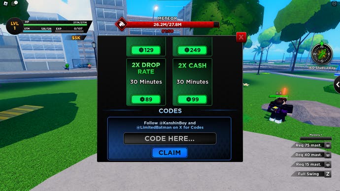 Screenshot from One Punch Ultimate in Roblox showing the game's codes menu.