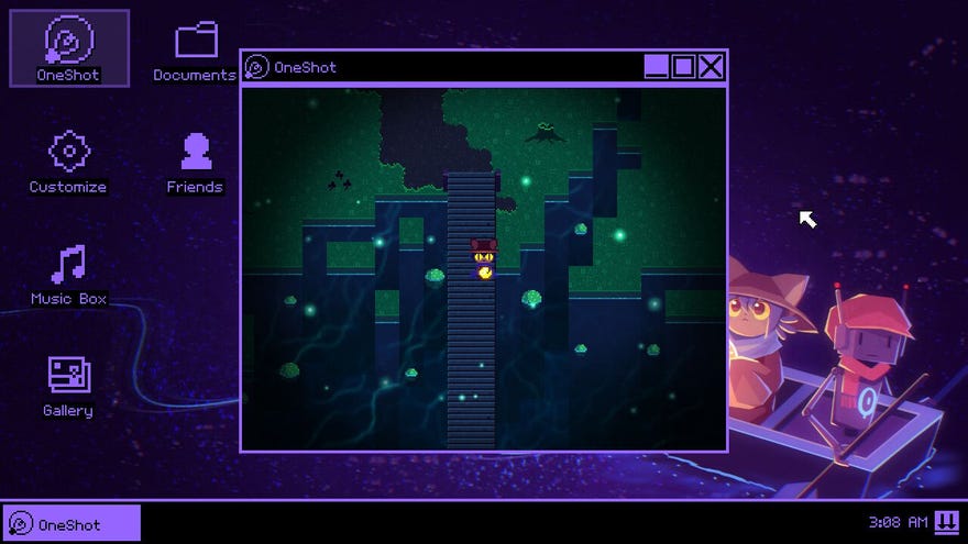 The fictional operating system of OneShot shows the game window on its desktop.