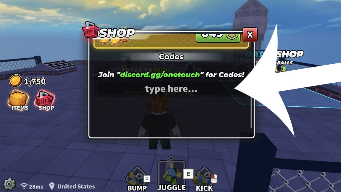 Uma flecha apontando para o menu Códigos no Roblox Game One Touch.