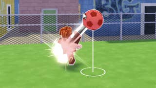 A Roblox character kicking a football into the air in the game One Touch.