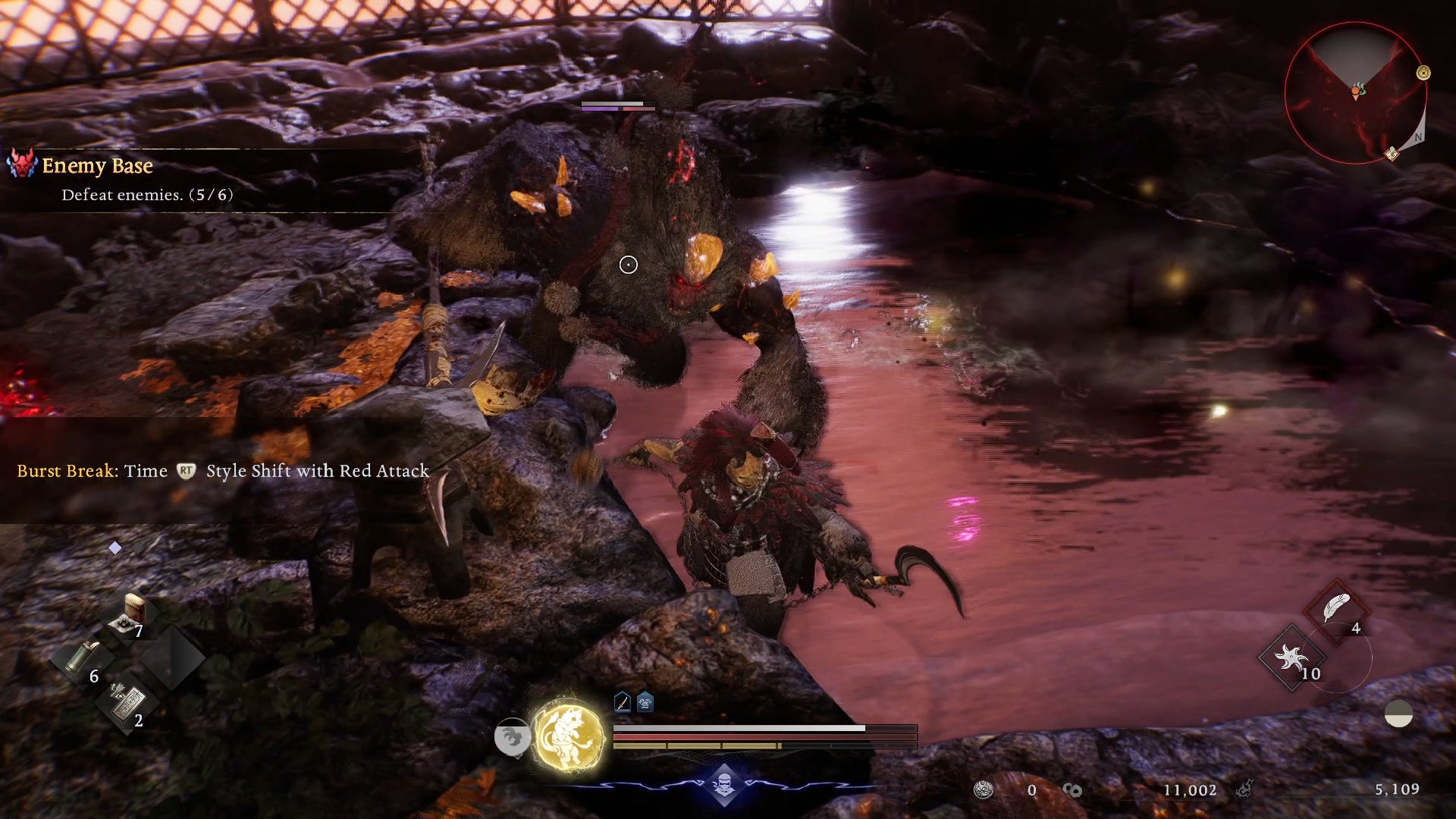 Fighting a large monkey-faced Oni at a Hot Spring Enemy Camp in Nioh 3. - 5