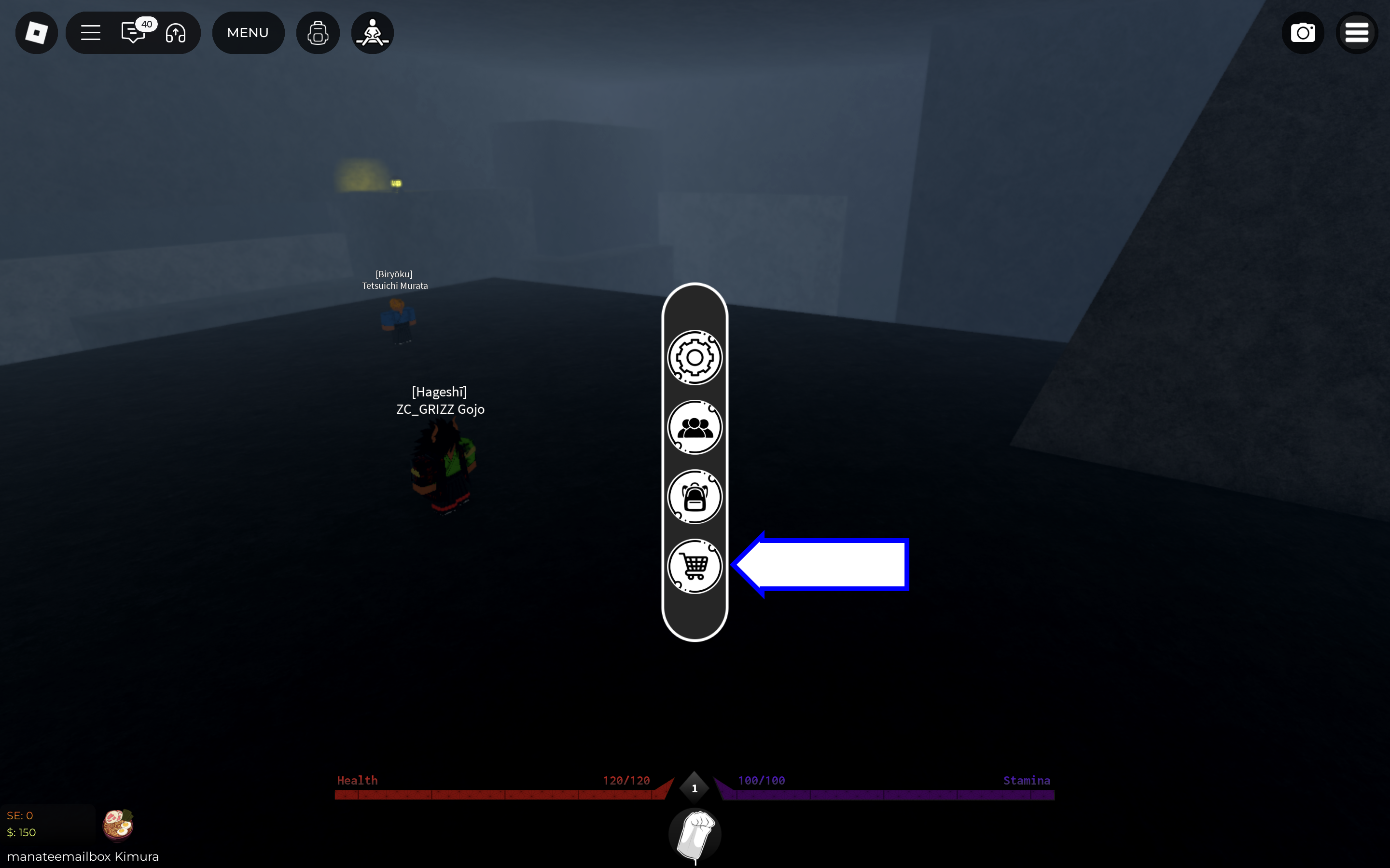 A screenshot of Onikami in Roblox showing the game's shop button.
