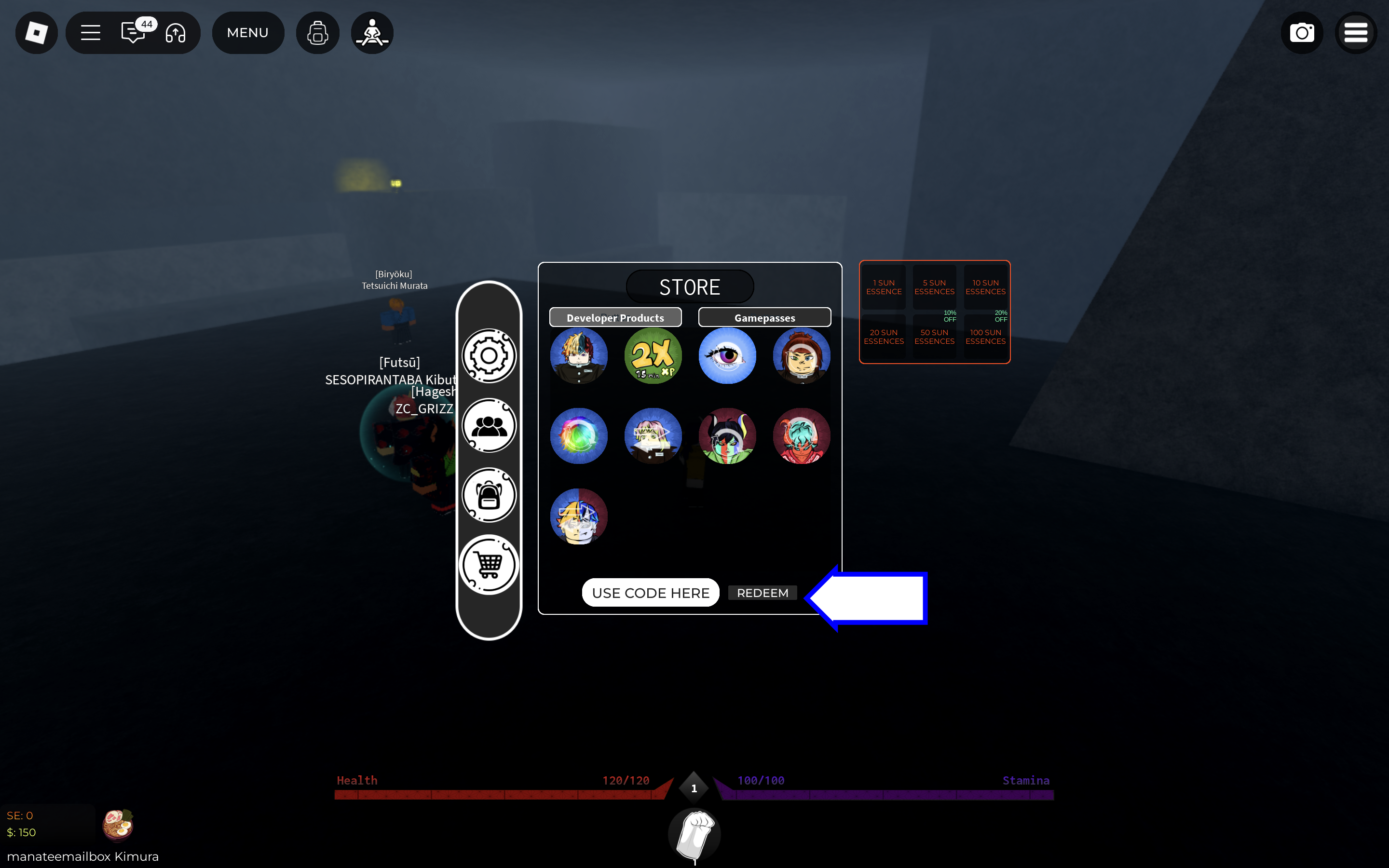 A screenshot of Onikami in Roblox showing the game's codes field.