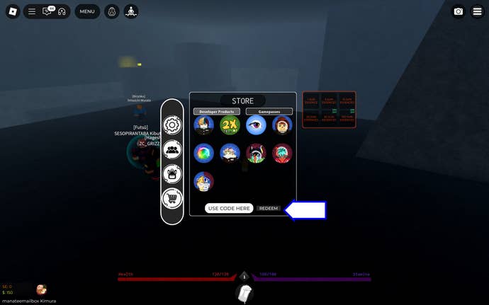 A screenshot of Onikami in Roblox showing the game's codes field.