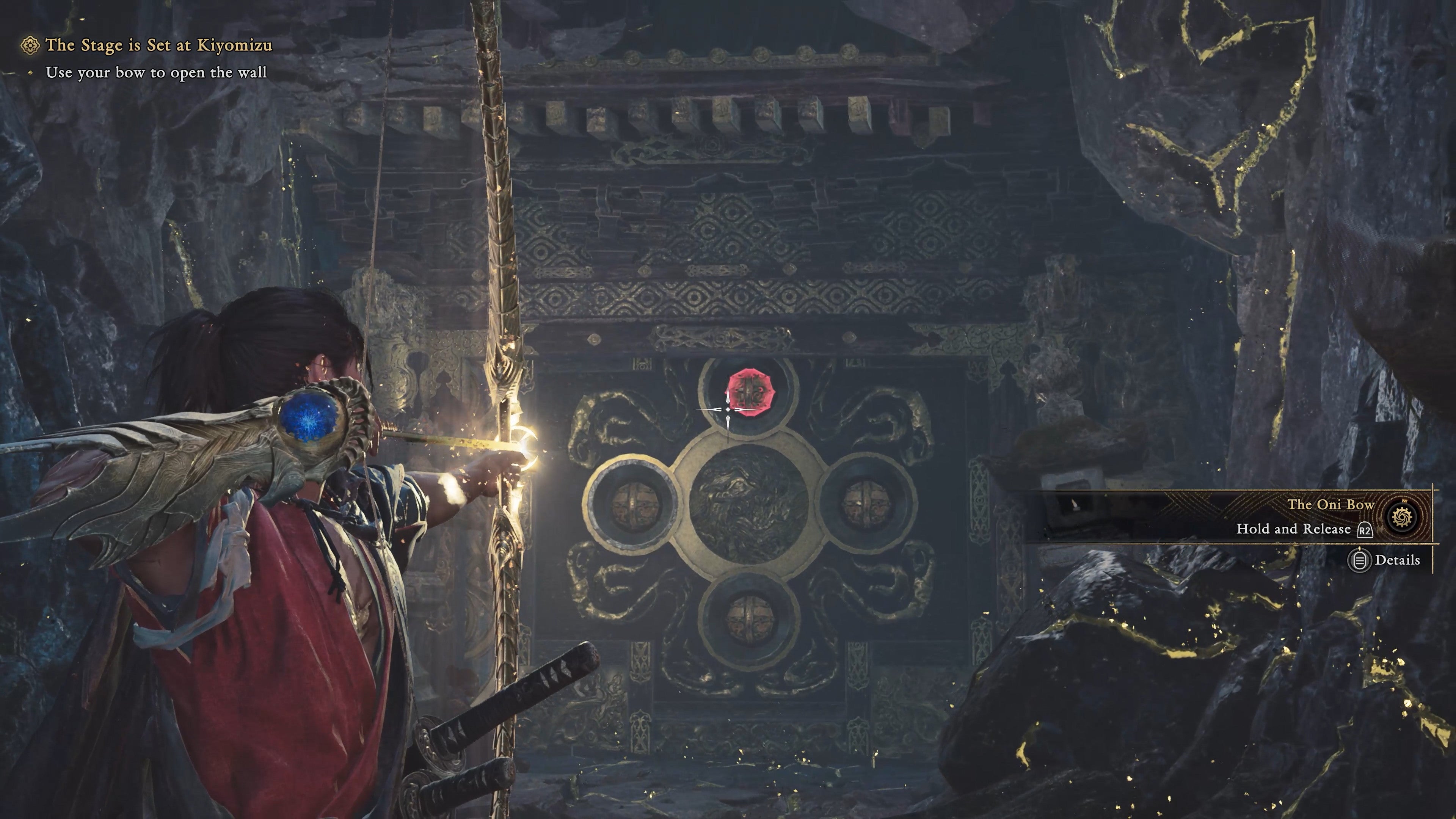 Musashi aims his bow towards a symbol in a faraway platform in Onimusha: Way of the Sword.