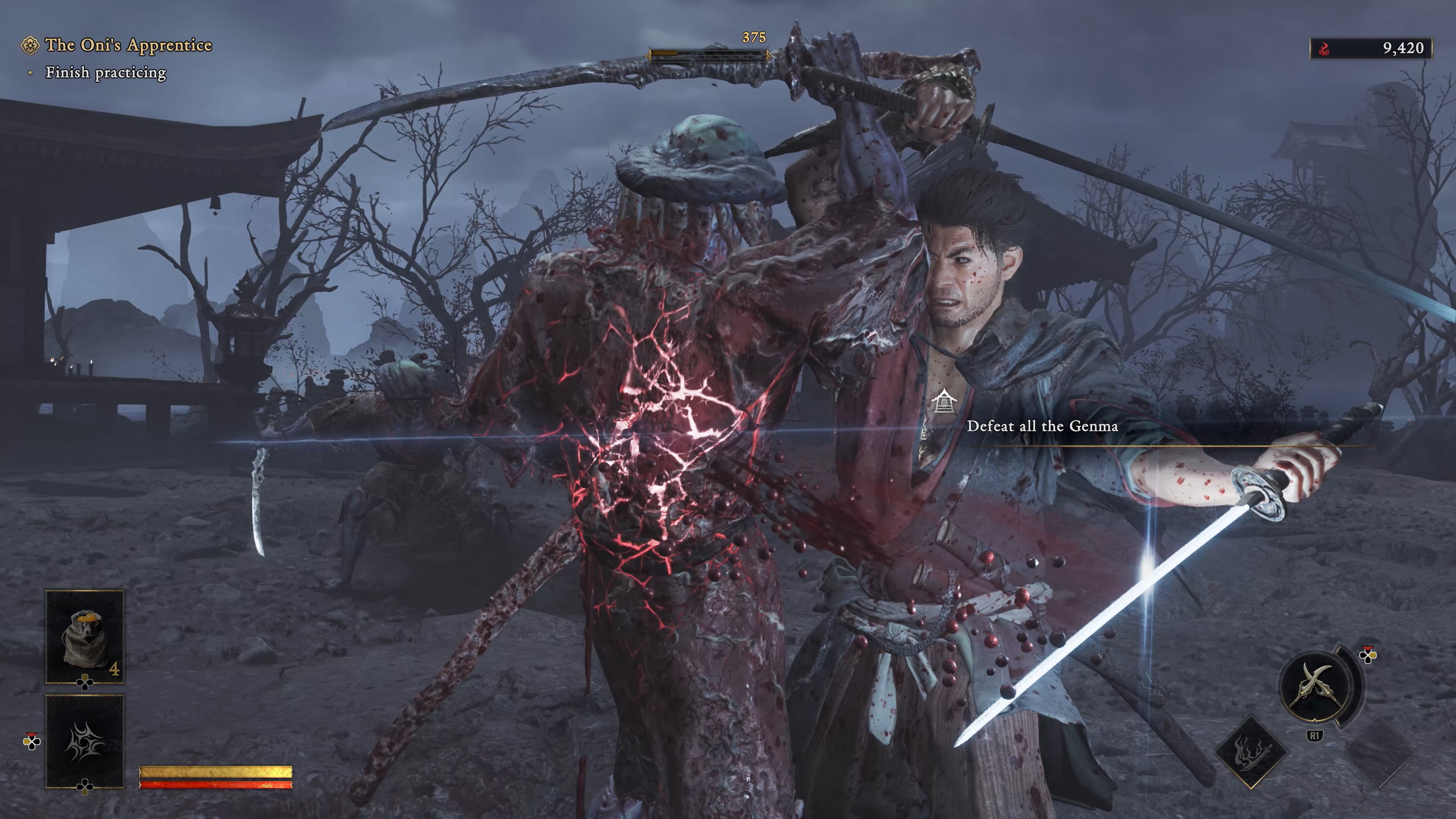 Musashi stabs into an enemy with his blade in Onimusha: Way of the Sword.