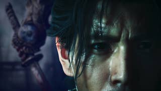 Onimusha protagonist's face against a blurred hand holding a sword.