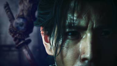 Onimusha protagonist's face against a blurred hand holding a sword.