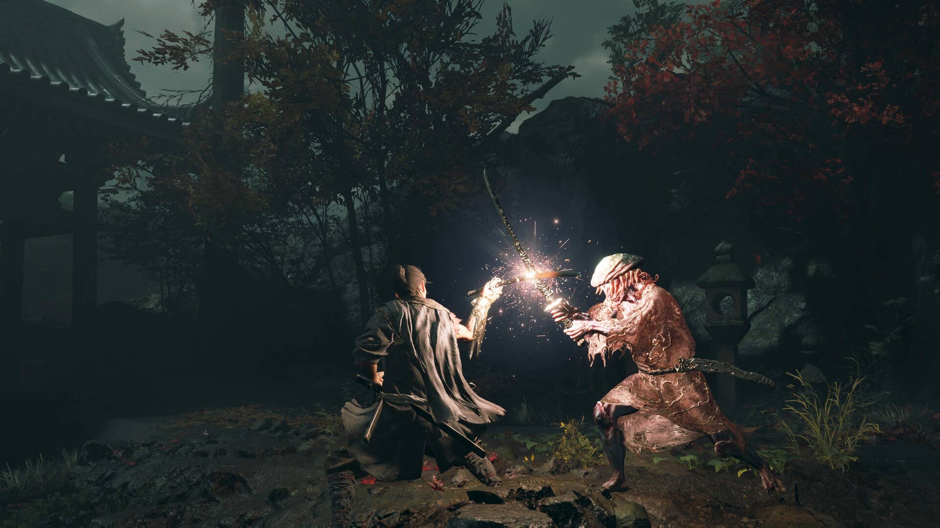 Official Onimusha: Way of the Sword screenshot showing you locking swords and orange sparks flying as you battle an enemy