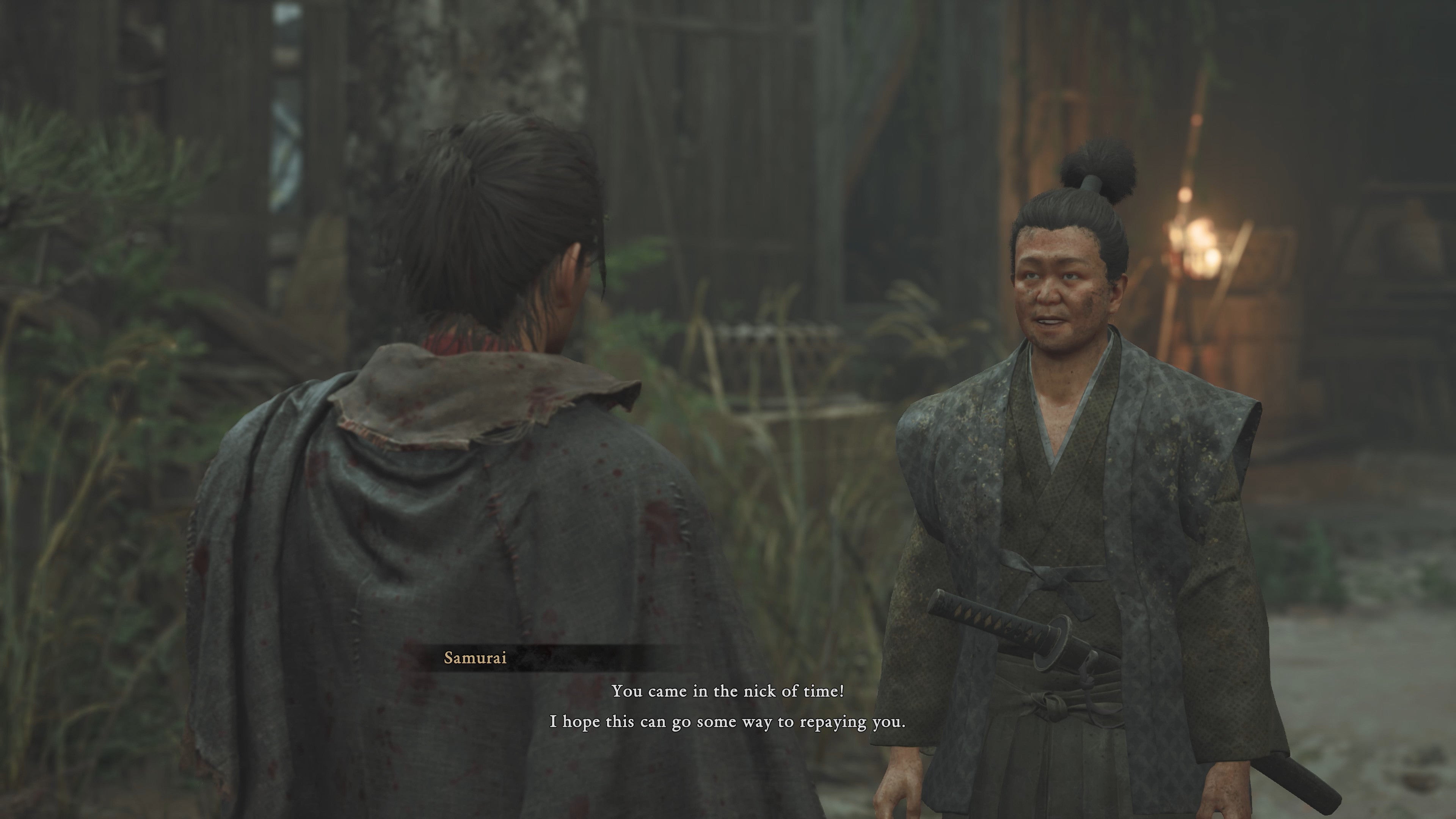 A samurai NPC thanks Musashi for his assistance in Onimusha: Way of the Sword.