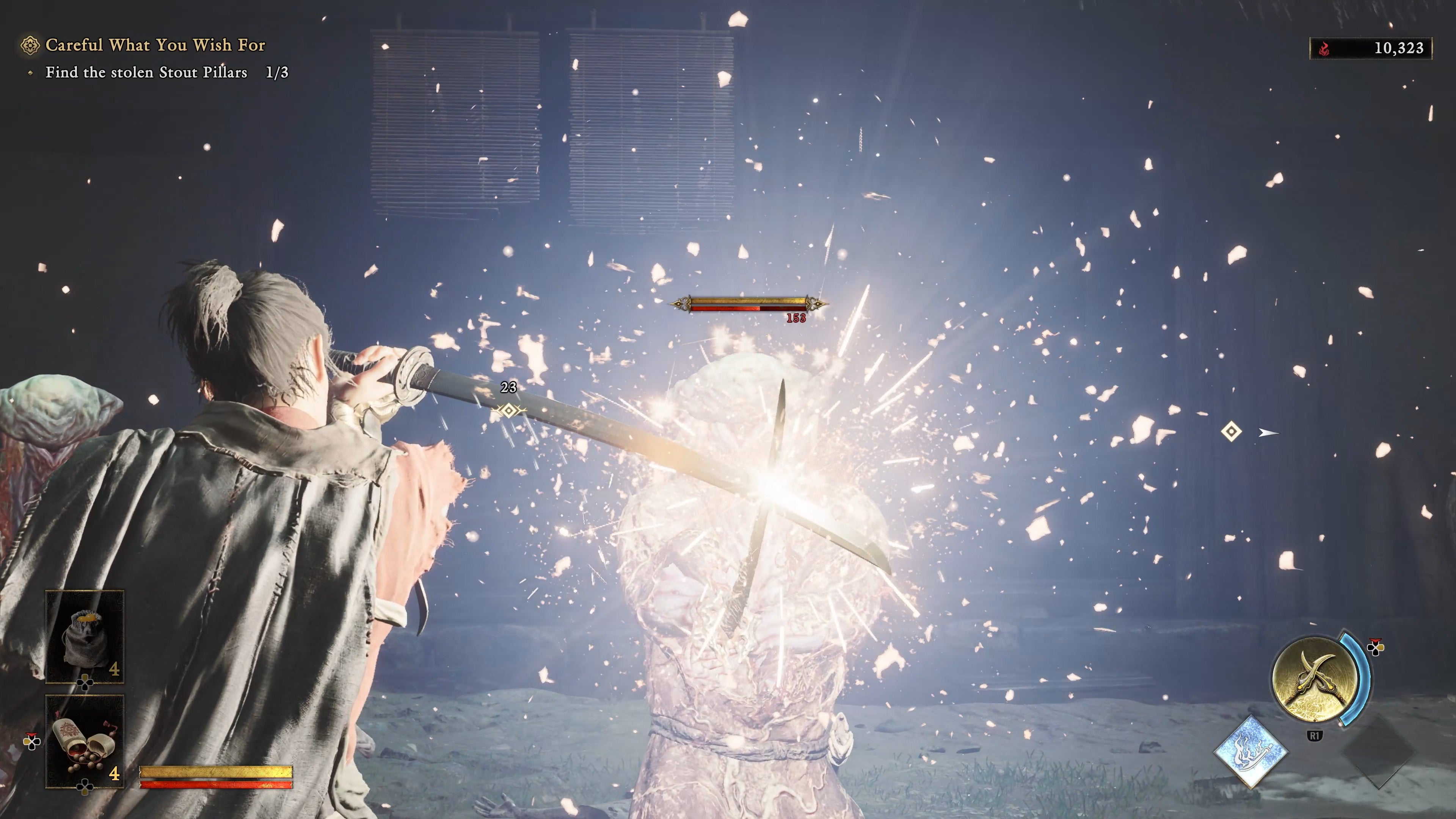 Sparks fly from Musashi's blade as he parries an enemy's attack in Onimusha: Way of the Sword.