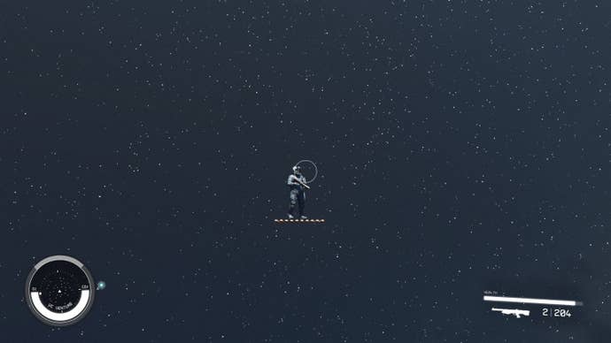 A Starfield character standing on a matt of onions in deep space, thanks to the magic of console commands.