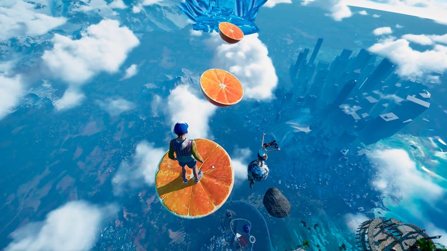 Only Up character Jackie stands on oranges in the sky