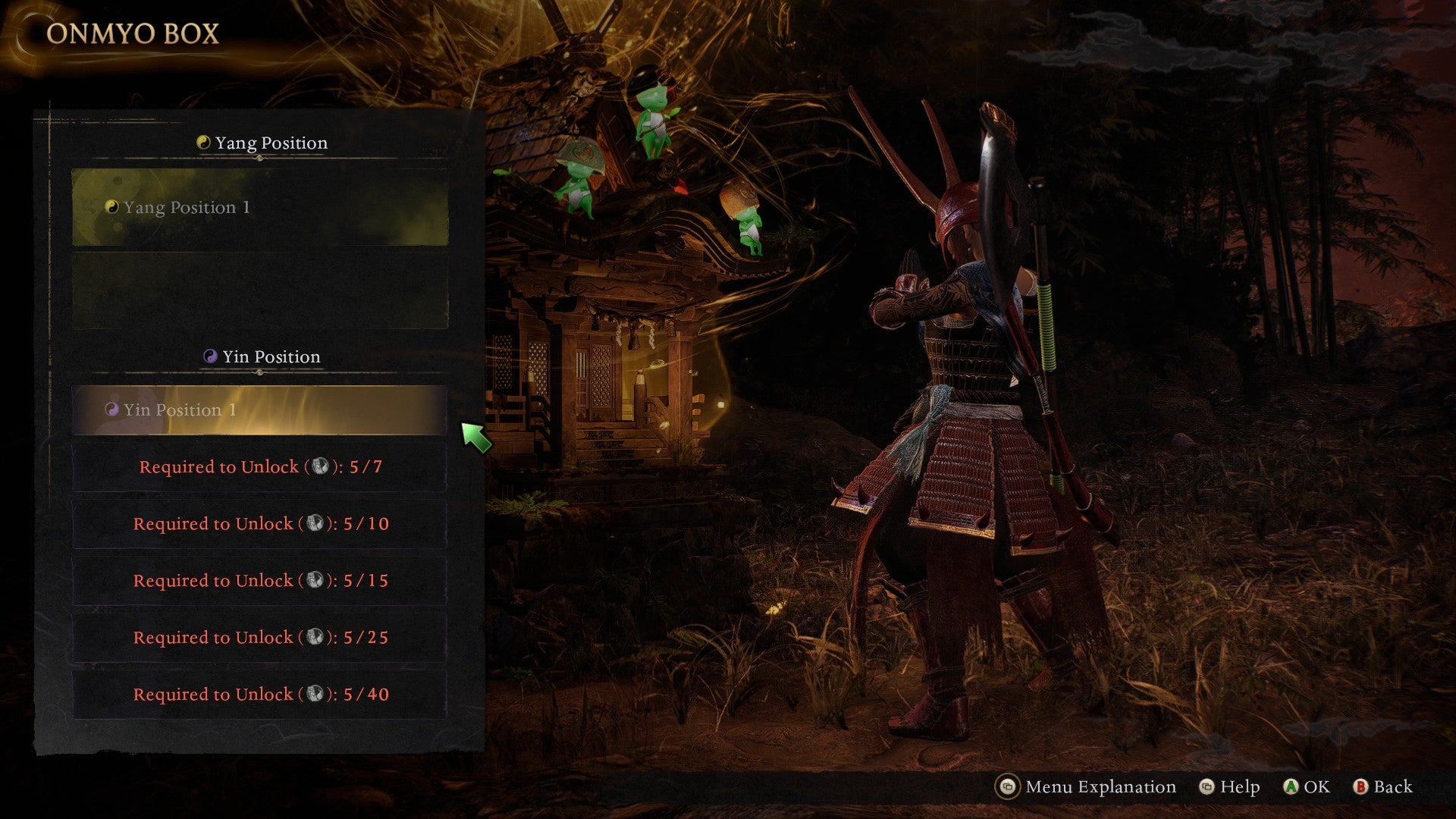 A character in Nioh 3 opens the Onmyo Box and observes the empty slots for Yang and Yin positions. - 9