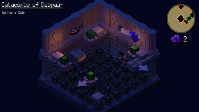 A purple wizard navigates a room of spiked traps in Oolo.