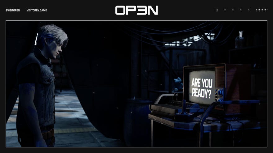 Parzival looks at a CRT screen saying ARE YOU READY? in a screen from the teaser for Open