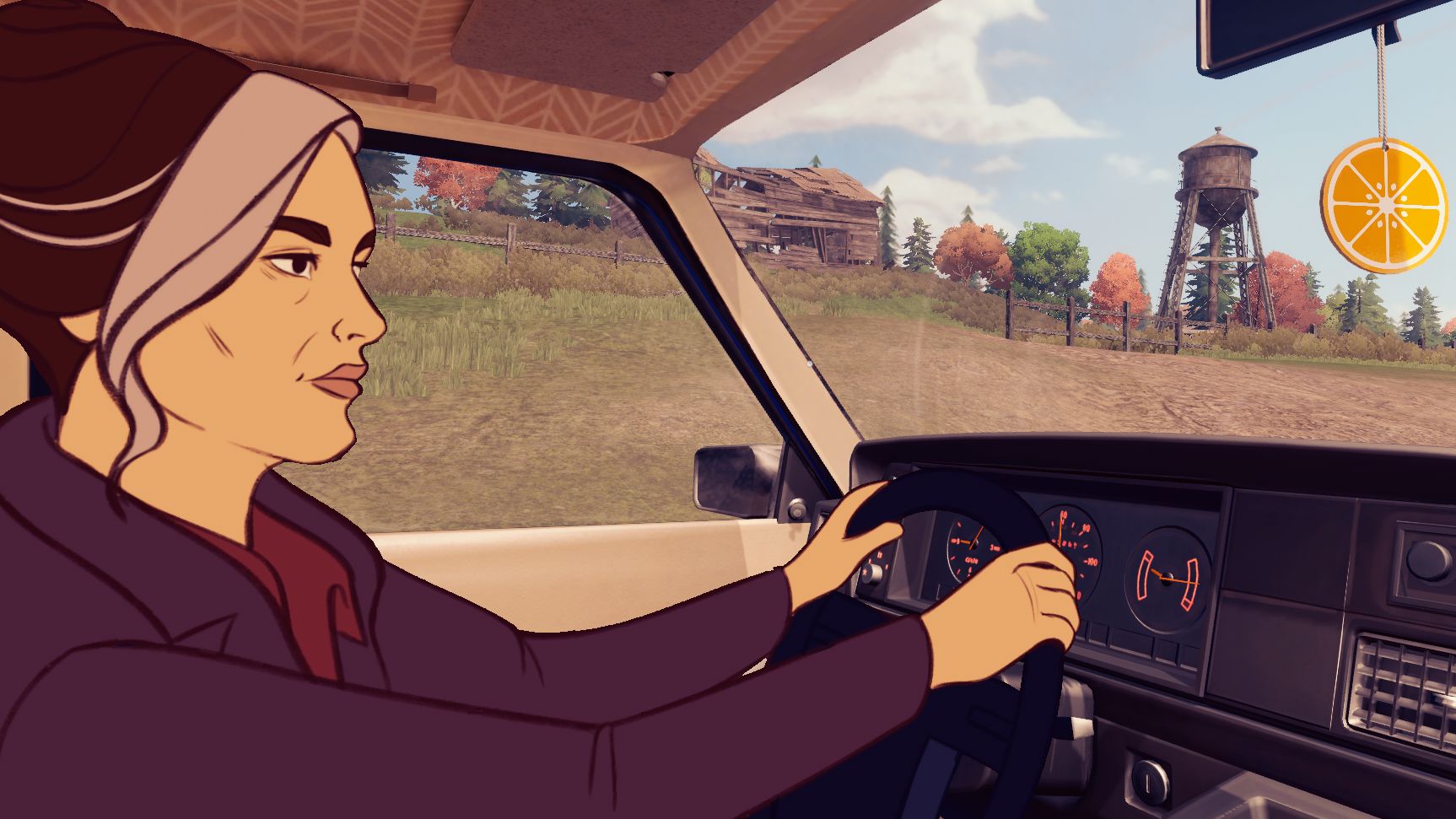 An early-middle aged woman with a streak of grey in her fringe, driving in Open Roads (her name is Opal) - 1