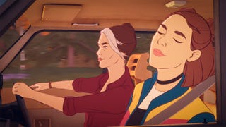A cartoon-styled image of a mother and daughter in the front two seats of a car. The mother is driving and focused on the road. The teenage daughter has her head back, eyes closed. They both seem relaxed and like they're having a nice time.