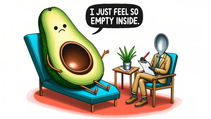 A DALL-E 3 example illustration created using the prompt "An avocado in a therapist's chair, saying, 'I just feel so empty inside' with a pit-sized hole in its center. The therapist, a spoon, scribbles notes."
