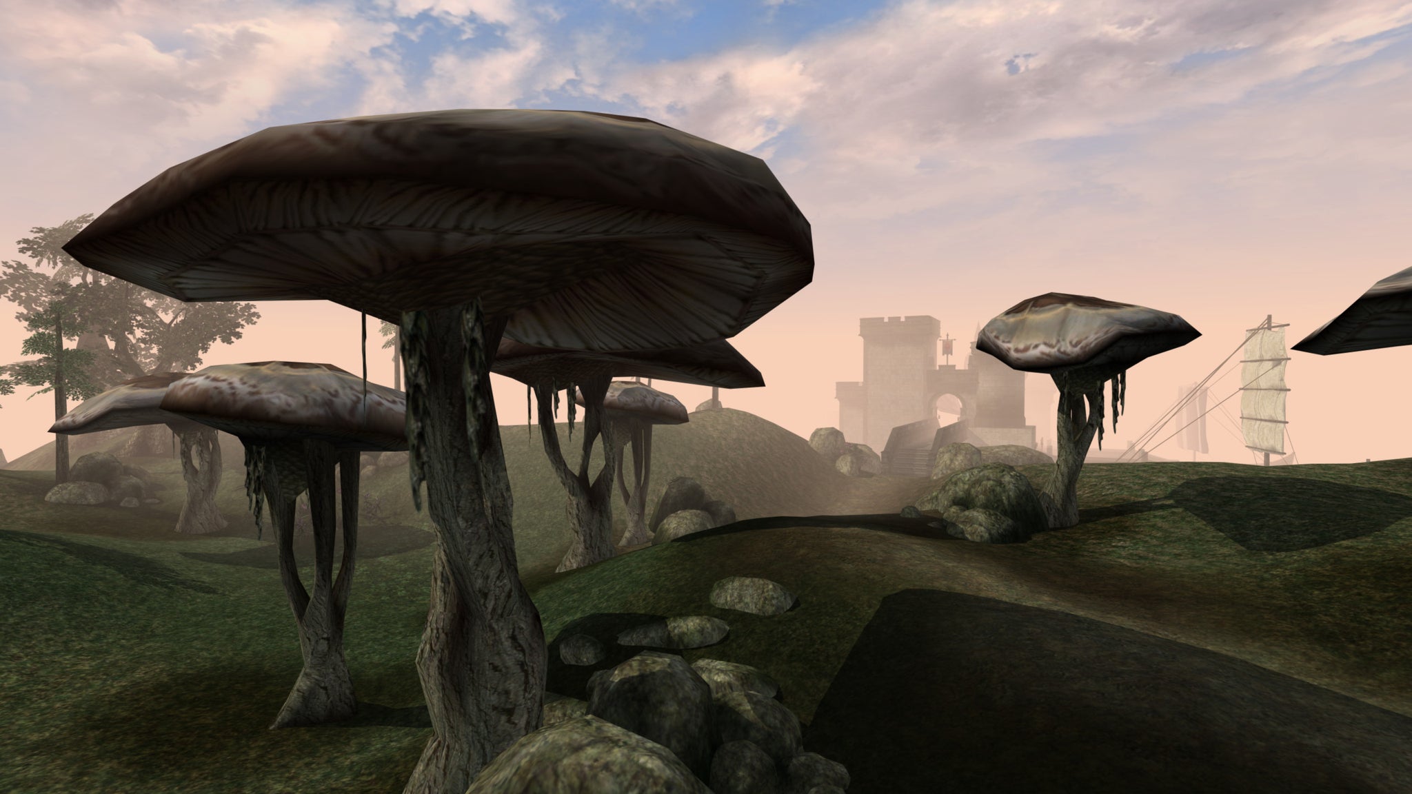 Giant mushrooms in front of a city in a Morrowind screenshot, played with OpenMW. - 5