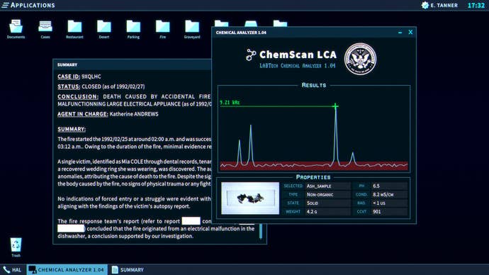 A screenshot of an old-school operating system on a PC, showing a neat black background with some windows open in the foreground. They show a written document and then a graph-like presentation. It’s supposed to look like an FBI computer terminal.