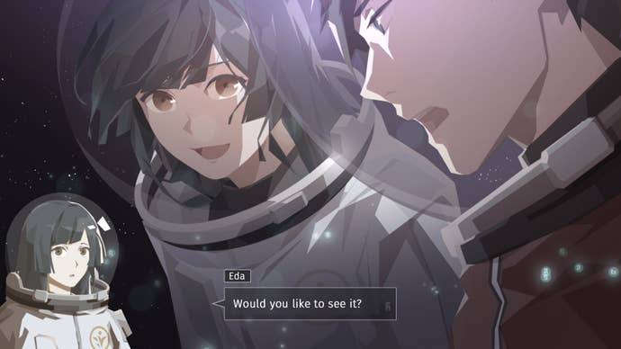 A woman in a spacesuit asks a man ‘Would you like to see it?’ in an Opus: Echo of Starsong screenshot.