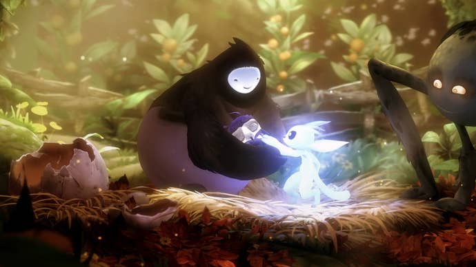 A screenshot from Ori and the Will of the Wisps showing Ori with their friend Naru, who is cradling an infant as a friendly spider looks on.
