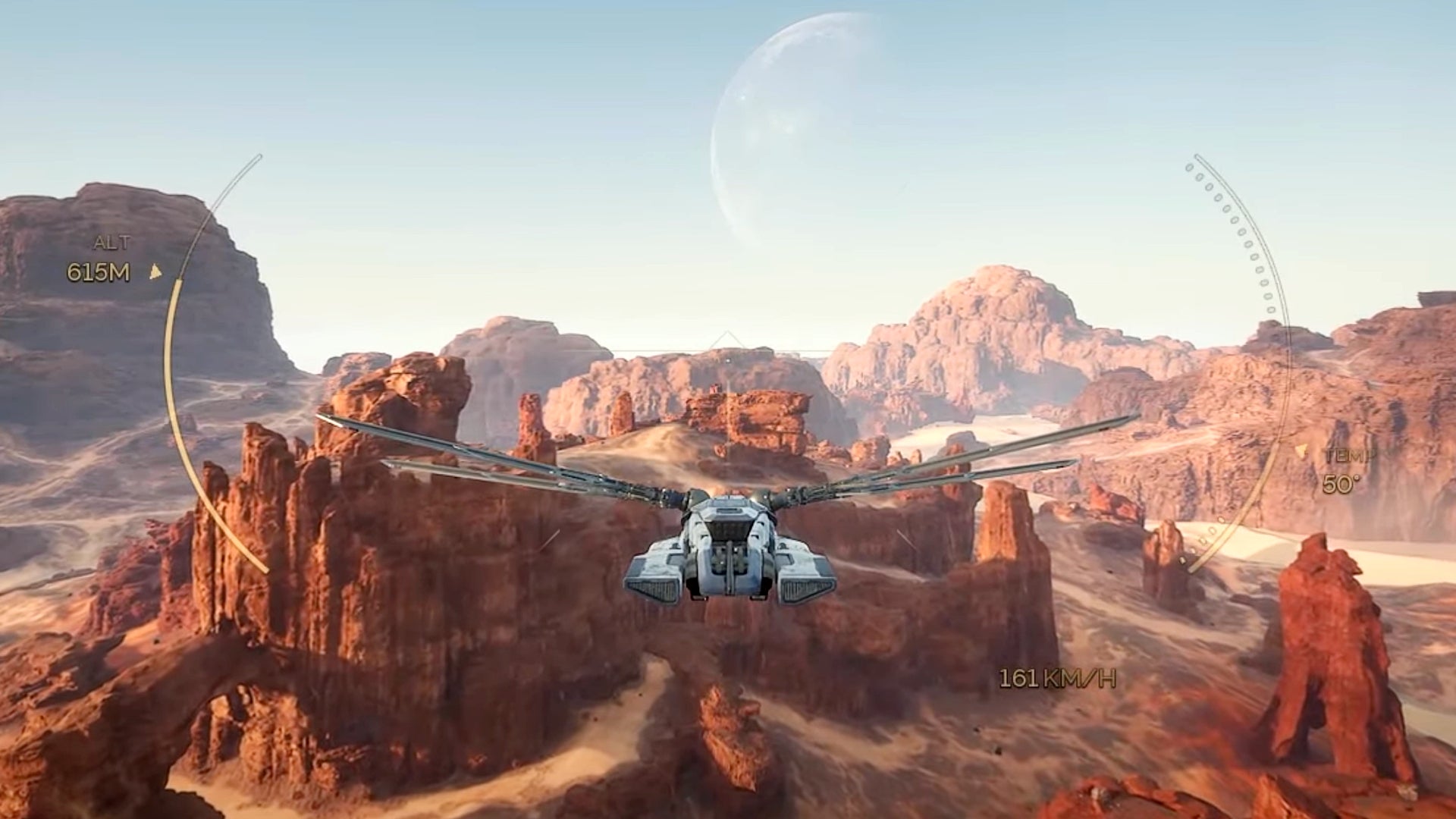 An Ornithopter flies across a mesa canyon in Dune Awakening. - 4