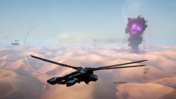 The ornitopter is approaching the liquid purple cloud of spices in the deep Dune Awakening desert.