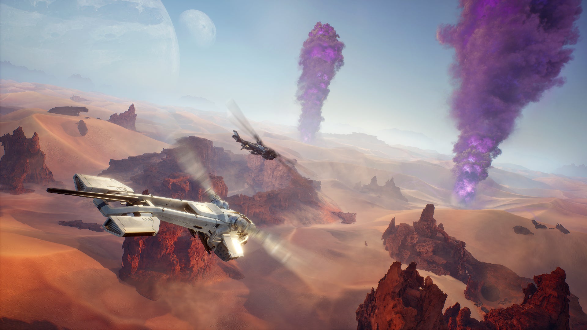 Two Ornithopters fly near billowing plumes of purple Spice in Dune Awakening. - 1