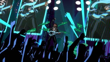 Screenshot from Stray Gods: Orpheus showing cartoonish visuals of rock star Orpheus performing with guitar in front of cheering crowd