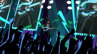 Screenshot from Stray Gods: Orpheus showing cartoonish visuals of rock star Orpheus performing with guitar in front of cheering crowd