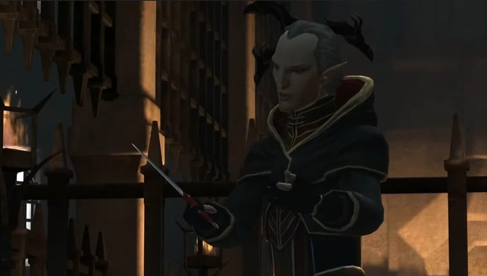 Orsino holding a knife above his hand about to become a bloc-monster in Dragon Age 2.