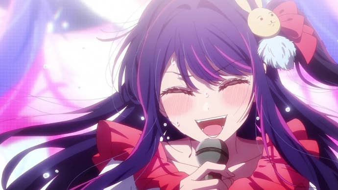 A purple haired idol singing intensely in Oshi no Ko.