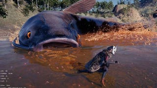 A giant catfish pursues a human figure in a tradition Japanese fox mask.