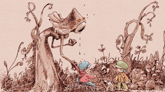 A young boy is being pulled away by a large weeping statue in a hand drawn illustration artwork for OU