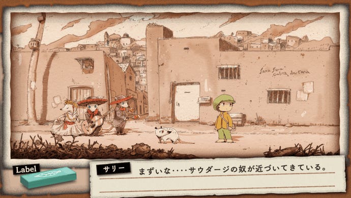 A boy and a possum stand in an illustrated picture book landscape in OU