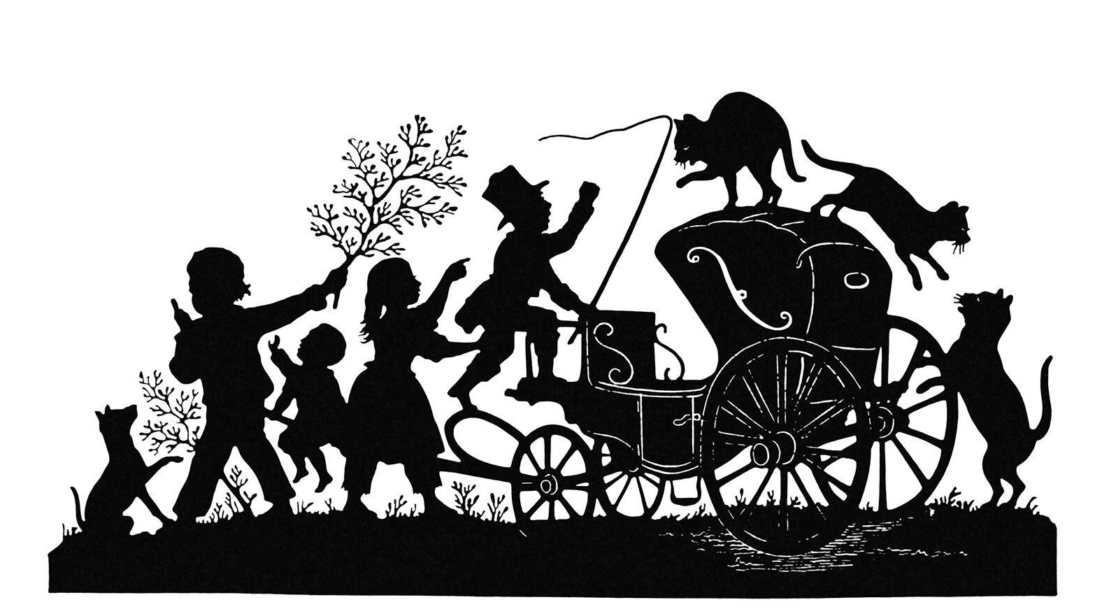 Silhouette illustration showing a coachman screaming at (very large) cats jumping about a carriage as three children and their dog seem to be showing more patience. - 1