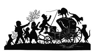 Silhouette illustration showing a coachman screaming at (very large) cats jumping about a carriage as three children and their dog seem to be showing more patience.