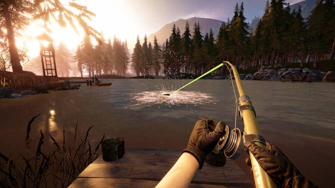 A first-person position of idiosyncratic sportfishing astatine a water astatine sunset successful Out Fishing.