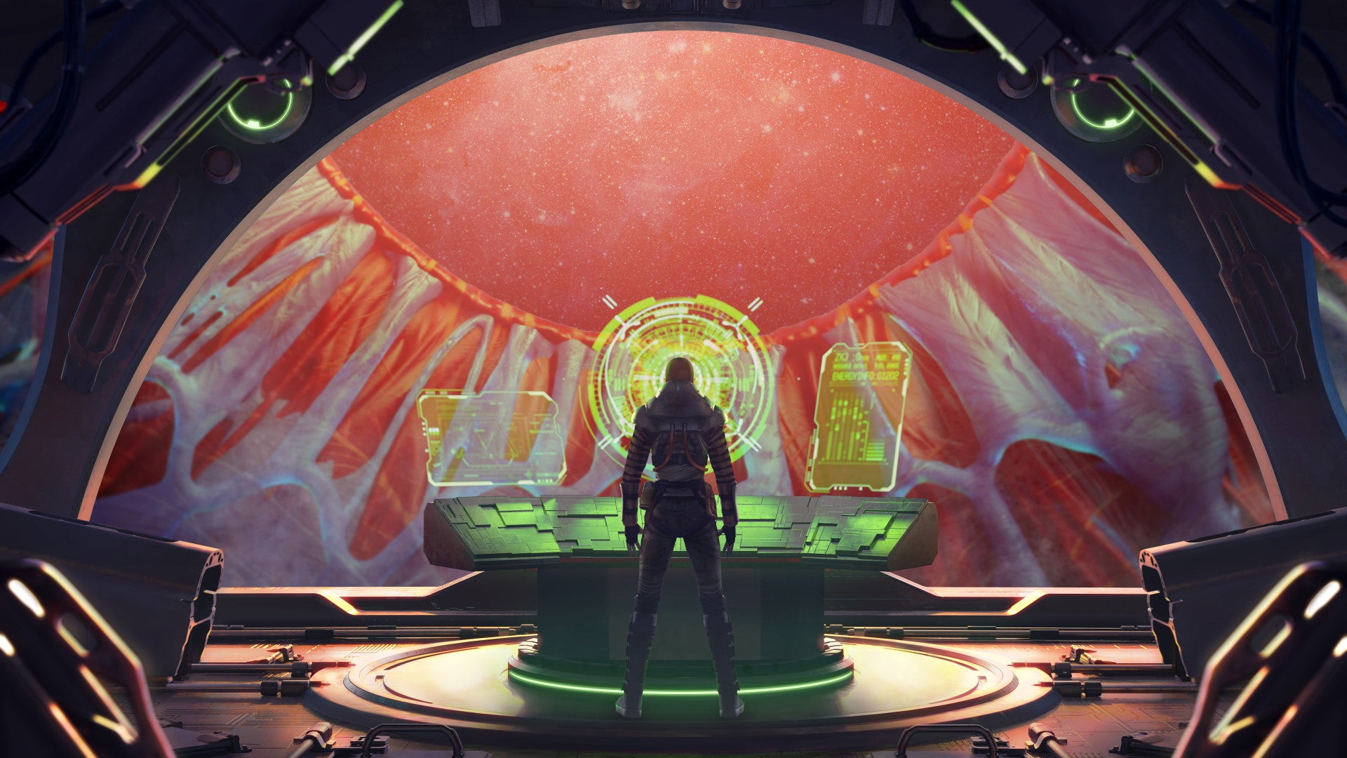 A human stands inside the colourful control room of a space ship in Out There: Oceans Of Time