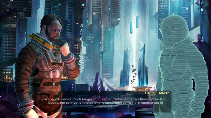 A human talks to a hologram in a futuristic city in Out There: Oceans Of Time