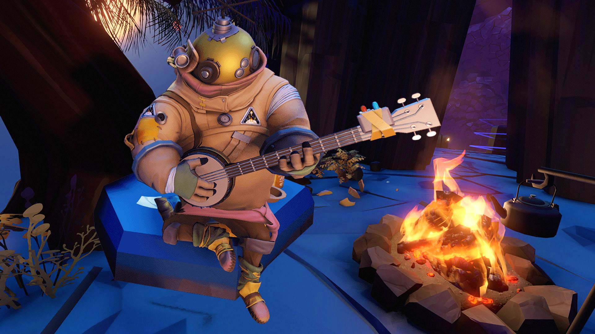 Riebeck from Outer Wilds playing his banjo by the fire - 1