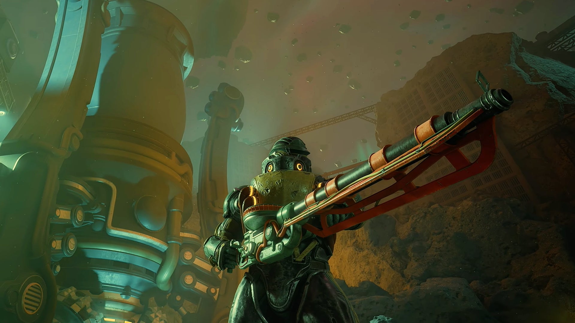 A fully-armoured character in The Outer Worlds 2 holds a very big gun as ominous towers lurk behind them. - 1