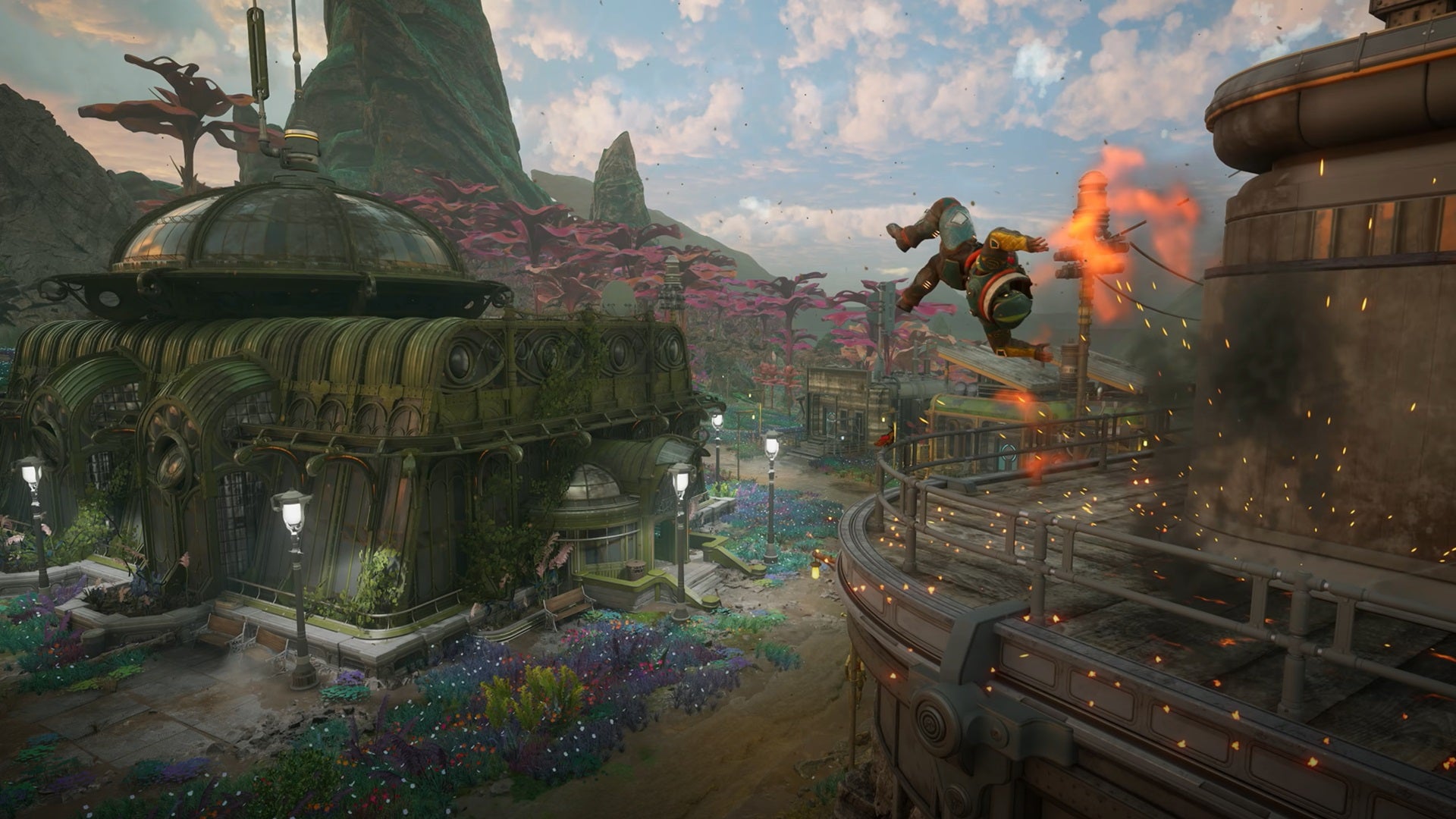 A random guy goes flying off of a balcony into a pretty alien landscape due to an explosion in The Outer Worlds 2. - 6