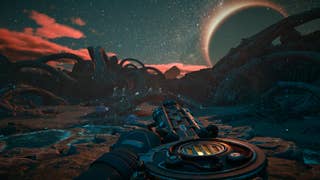 The Outer Worlds 2 screenshot showing the player character holding a weapon on a plant beneath the stars
