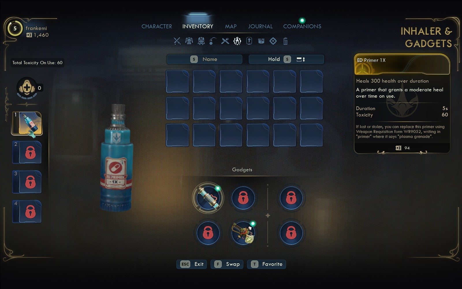 The menu description of a Primer user for healing purposes in The Outer Worlds 2. - 9