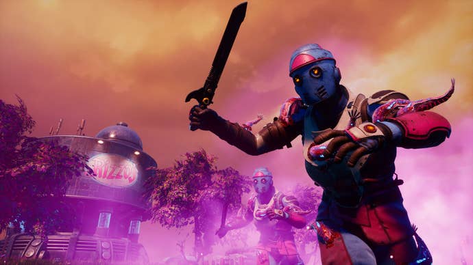 A screenshot from The Outer Worlds: Spacer’s Choice Edition showing a machete-wielding enemy charging toward the player against a dreamy orange and pink sky.